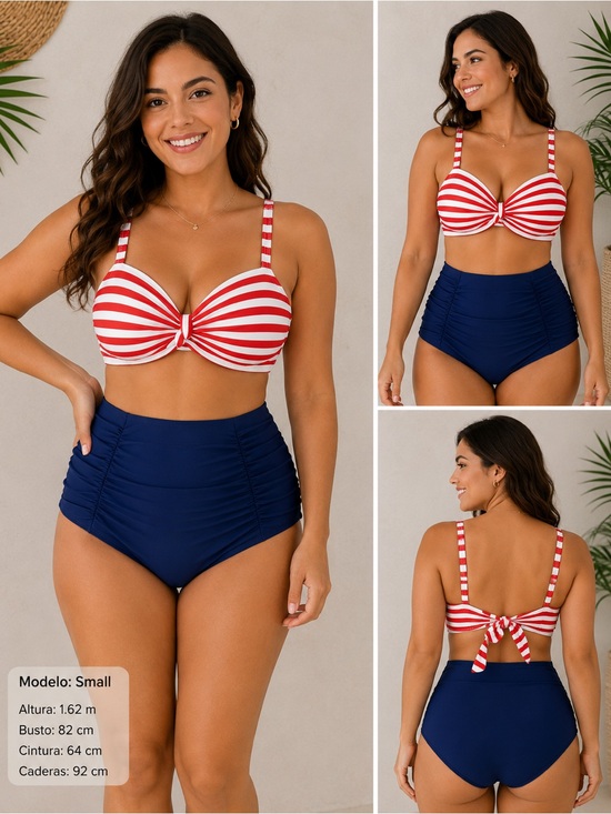 Retro Stage Other - Striped Red & White Tie-Back Bikini Top with Navy High-Waist Bottoms